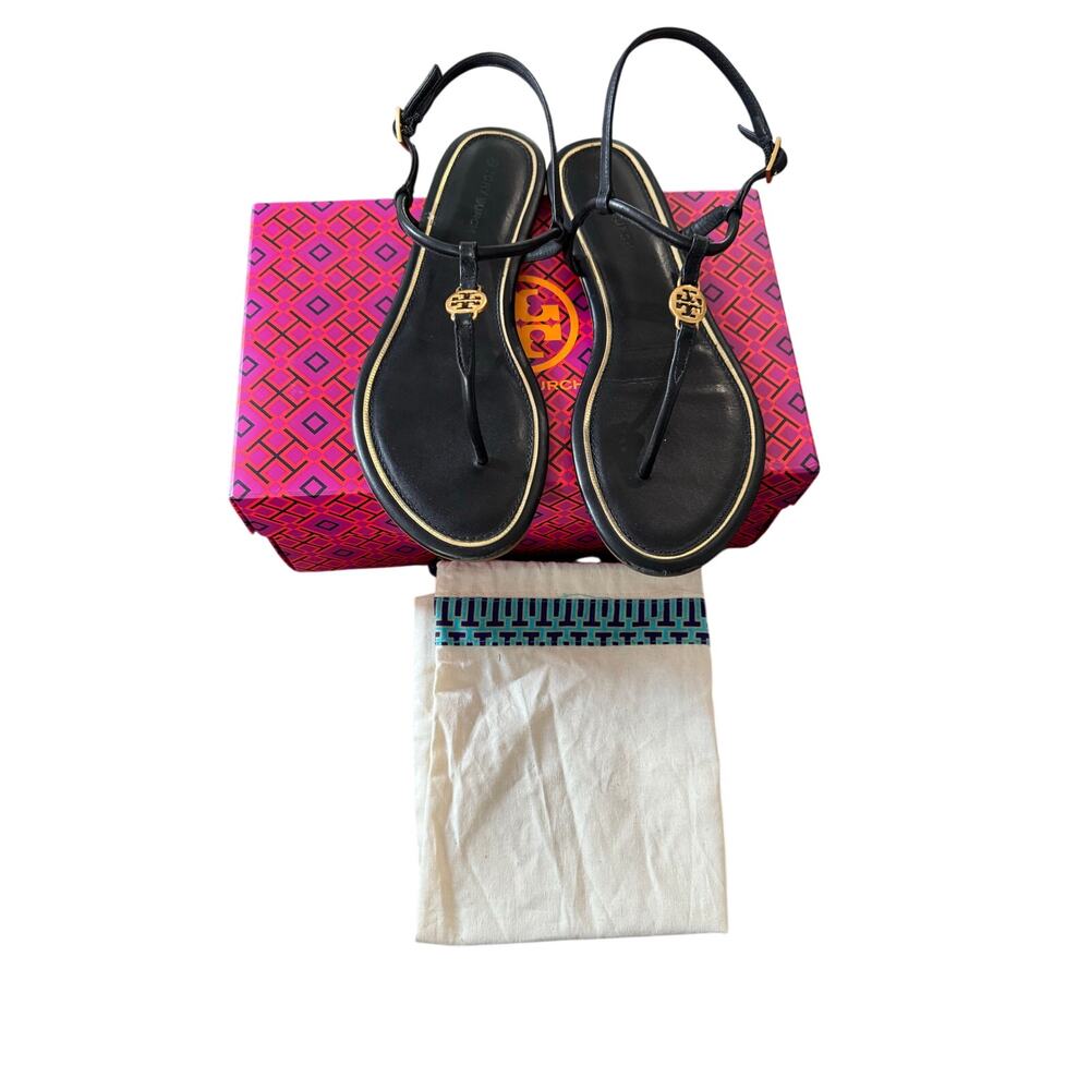 Tory Burch Emmy Flat Sandals Black Leather Size 7.5 w Box & Dust Bag